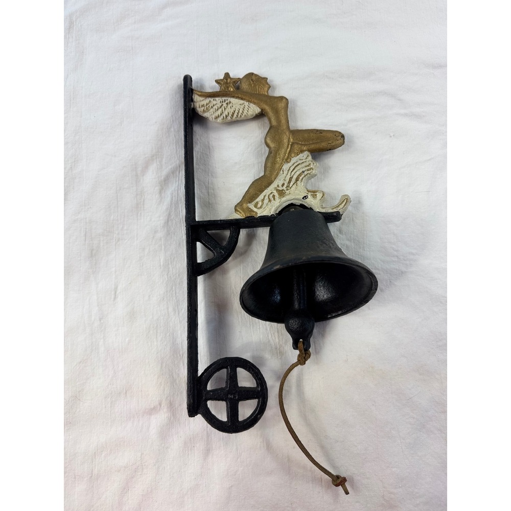 Vintage Cast Iron Winged Goddess Dinner Bell Wall Mount Gold Black Garden Decor